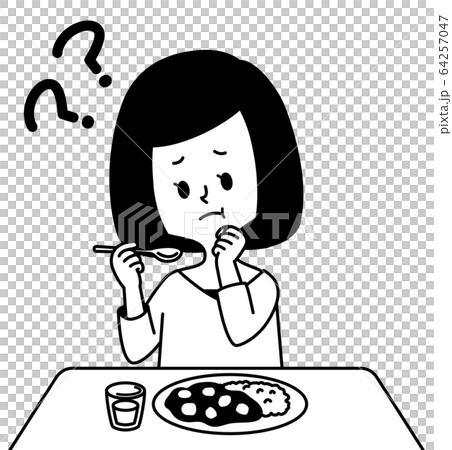 食事をしながら首をかしげる女性 白黒のイラスト素材