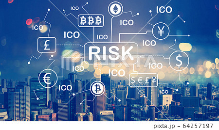 Cryptocurrency ICO risk theme with aerial view of city skylines 64257197