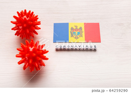Abstract virus strain model of 2019-nCoV middle East respiratory syndrome coronavirus or coronavirus COVID-19 with text and flag Moldova on white background. Virus pandemic protection concept. 64259290