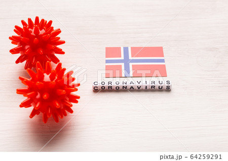 Abstract virus strain model of 2019-nCoV middle East respiratory syndrome coronavirus or coronavirus COVID-19 with text and flag Norway on white background. Virus pandemic protection concept. 64259291