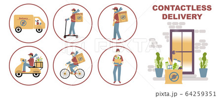 Contactless Delivery of food concept set, signs. Contactless Delivery of food concept set, signs. 64259351