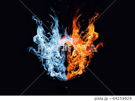 赤い炎と青い炎が合体した抽象的な火の玉のイラスト素材