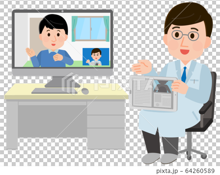 オンライン診療 医者 男性患者 イラストのイラスト素材