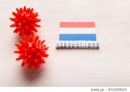 Abstract virus strain model of 2019-nCoV middle East respiratory syndrome coronavirus or coronavirus COVID-19 with text and flag Netherlands on white background. Virus pandemic protection concept. Abstract virus strain model of 2019-nCoV middle East respiratory syndrome coronavirus or coronavirus COVID-19 with text and flag Netherlands on white background. Virus pandemic protection concept. 64260604