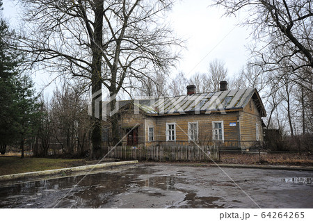 old wooden house on the station square in old wooden house on the station square in 64264265