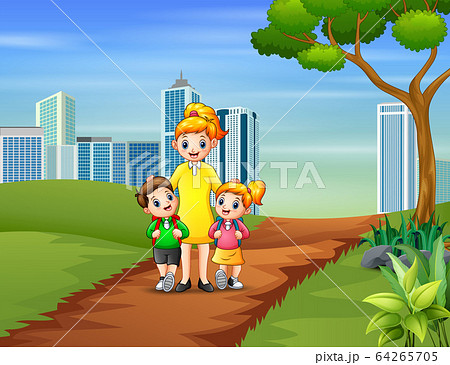 Happy children going to school with their mother 64265705