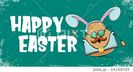 Vector rock star easter potato funny cartoon character with blue easter bunny ears isolated on turquoise horizontal banner background. rock n roll easter party poster or happy easter greeting card 64268505
