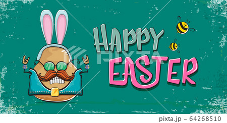 Vector rock star easter potato funny cartoon character with blue easter bunny ears isolated on turquoise horizontal banner background. rock n roll easter party poster or happy easter greeting card 64268510