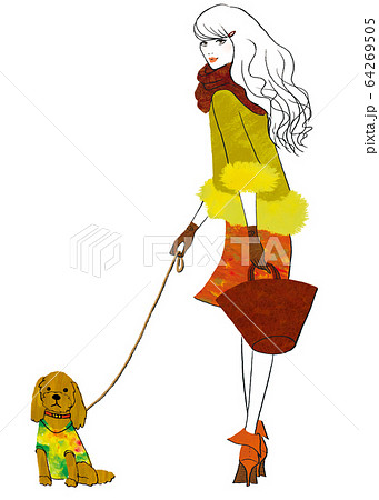 犬を連れて散歩に出かける女性のイラスト素材