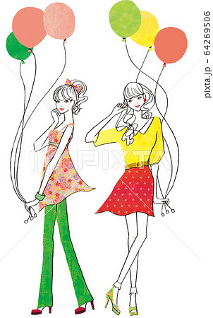 風船を持った二人の可愛い女性のイラスト素材