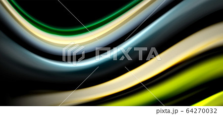 Abstract silk smooth lines on black, multicolored liquid fluid rainbow style waves on black 64270032