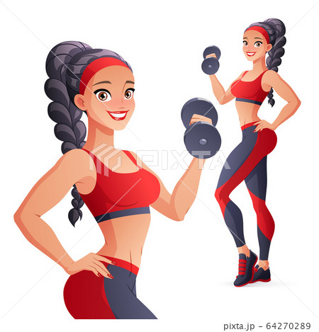 Athletic woman exercising with dumbbell. Isolated vector illustration. 64270289