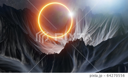 Abstract background of mountains and orange neon circle Abstract background of mountains and orange neon circle 64270556