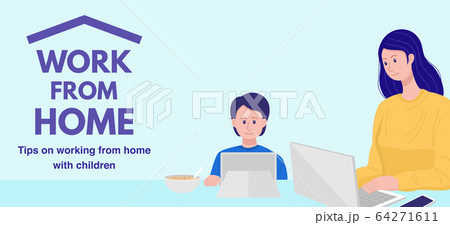 Work from home concept, Mother working on laptop while her son watching cartoon. Vector Work from home concept, Mother working on laptop while her son watching cartoon. Vector 64271611