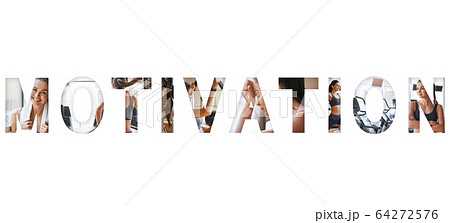 Working out. Sporty caucasian woman doing different sport exercises at gym with an overlay of the word MOTIVATION. Isolated on white background. Panoramic banner header. Fitness Working out. Sporty caucasian woman doing different sport exercises at gym with an overlay of the word MOTIVATION. Isolated on white background. Panoramic banner header. Fitness 64272576