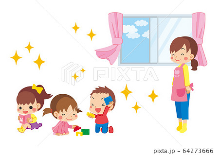 室内で遊ぶ子どもと換気をした綺麗な空気に安心する保育士の女性のイラスト素材
