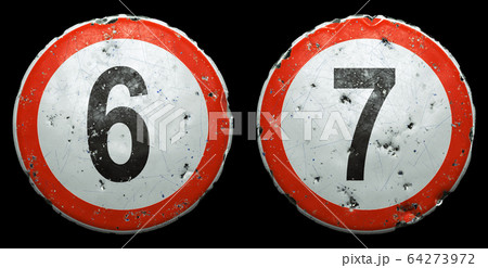 Set of public road signs in red and white with a numbers 6, 7 in the center isolated on black background. 3d 64273972
