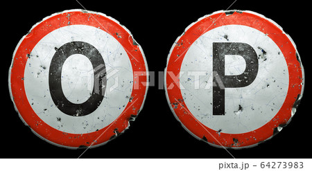 Set of public road signs in red and white with a capitol letters O, P in the center isolated on black background. 3d 64273983