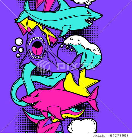Seamless pattern with cartoon sharks. Urban colorful teenage creative background. Seamless pattern with cartoon sharks. Urban colorful teenage creative background. 64273993