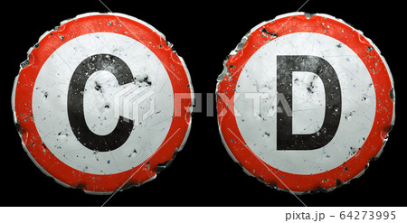 Set of public road signs in red and white with a capitol letters C, D in the center isolated on black background. 3d 64273995