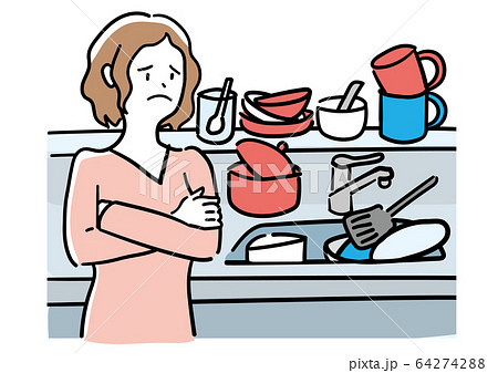 洗い物だらけのキッチンの困る女性 64274288