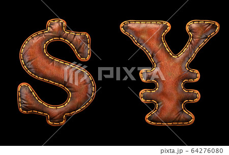 Set of symbols dollar and yen made of leather. 3D render font with skin texture isolated on black background. Set of symbols dollar and yen made of leather. 3D render font with skin texture isolated on black background. 64276080