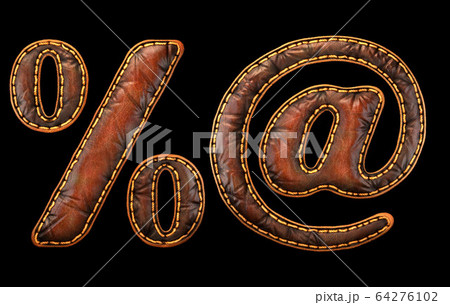 Set of symbols percent and at made of leather. 3D render font with skin texture isolated on black background. 64276102