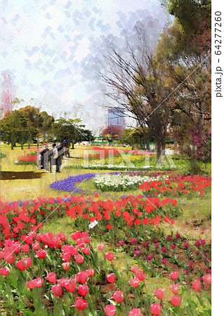 お台場、シンボルプロムナード公園のチューリップの花。流れの花壇（3月）東京都江東区 64277260