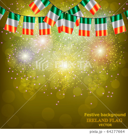 Bright firework with flag of Ireland. Happy Ireland day flag background. Bright firework with flag of Ireland. Happy Ireland day flag background. 64277664