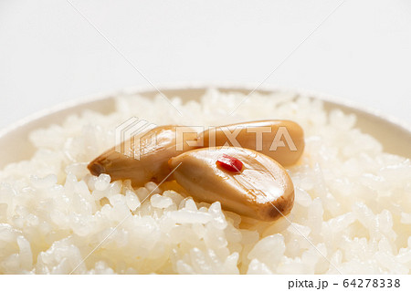 ごはんにのせられた、にんにくの醤油漬け。 64278338