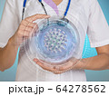 Coronavirus danger and public health risk disease and flu outbreak or coronaviruses influenza as dangerous viral strain case as a pandemic. Abstract Cell under the microscope in the hands of a doctor 64278562