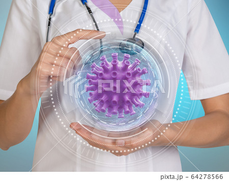 Abstract Cell under the microscope in the hands of a doctor. Virus cells. Abstract Flu COVID-19 virus cell under the microscope 64278566