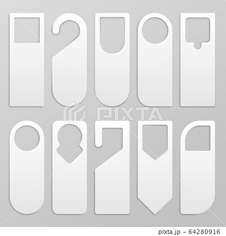 Door hanger. Realistic blank paper hanger mockup, white cardboard do not disturb sign for hotel doors. Vector set 64280916