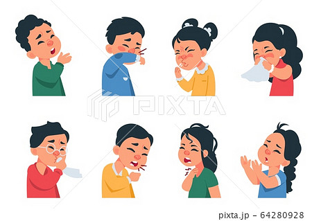Sneezing kids. Cartoon boys and girls characters coughing and catching flu, coronavirus disease symptoms and prevention concept. Vector kids infection 64280928