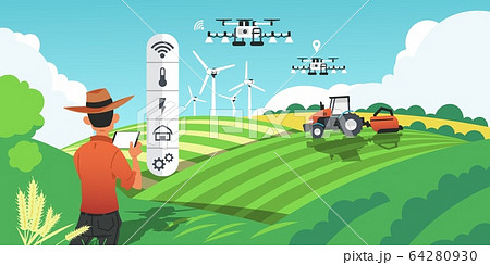 Smart farming. Growing crops and harvesting plants with futuristic technologies, drones on field and GPS vehicles. Vector cartoon smart agro concept 64280930