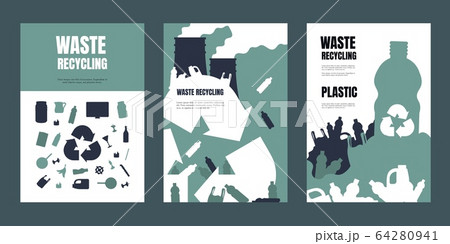 Garbage poster. Waste separation and recycling banners, trash management and environmental pollution flyers. Vector booklets of rubbish set 64280941