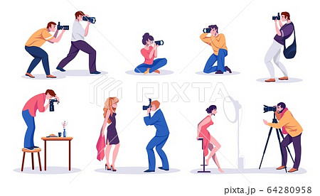 Photographers and models. Paparazzi bloggers journalists and professional photographers shooting photos posing at camera. Vector content making concept 64280958