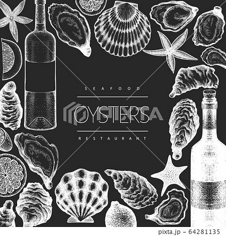Oysters and wine design template. Hand drawn Oysters and wine design template. Hand drawn 64281135