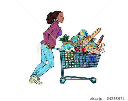 African woman with a full grocery cart 64283921