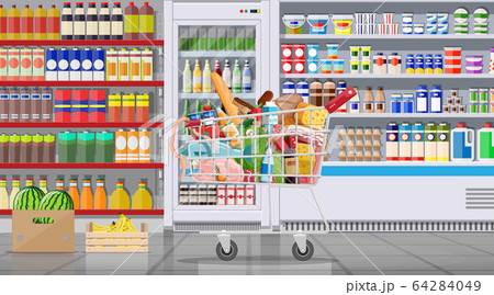 Supermarket store interior with goods. Supermarket store interior with goods. 64284049