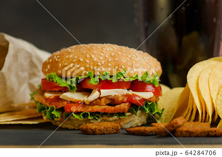 Homemade burger on dark rustic wooden background 64284706