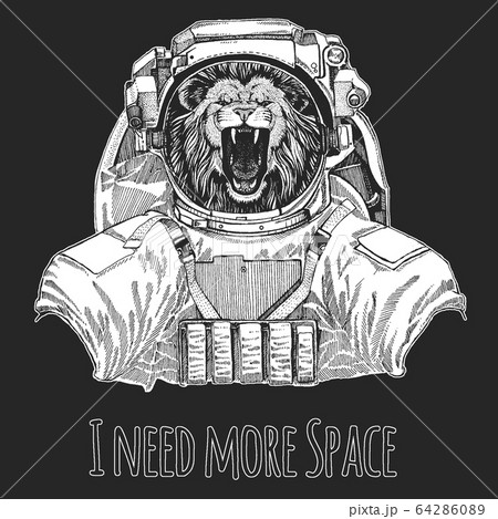 Lion head. Spaceman, astronaut. Wild animal wearing space suit. Wild animal portrait. Face of african cat. 64286089