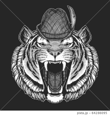 Tiger portrait. Oktoberfest. Tirol traditional hat. Beer festival. Wild cat head. 64286095