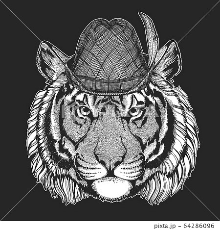 Tiger portrait. Oktoberfest. Tirol traditional hat. Beer festival. Wild cat head. 64286096