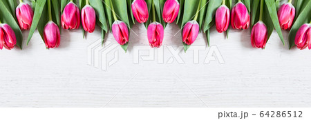 Beautiful pink tulips on wooden background 64286512