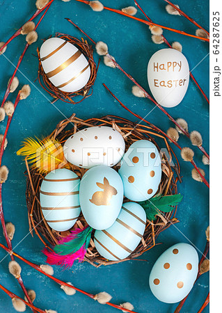 Easter background with Easter eggs in bird nest on Easter background with Easter eggs in bird nest on 64287625