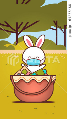 cute rabbit near basket with eggs wearing mask to prevent coronavirus happy easter bunny sticker 64288488