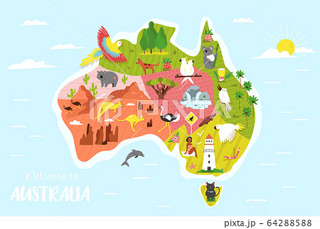 Illustrated map of Australia with animals, symbols 64288588