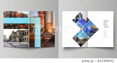 Vector layout of two A4 format modern cover mockups design templates for bifold brochure, magazine, flyer, booklet, annual report. Creative trendy style mockups, blue color trendy design backgrounds. Vector layout of two A4 format modern cover mockups design templates for bifold brochure, magazine, flyer, booklet, annual report. Creative trendy style mockups, blue color trendy design backgrounds. 64289642