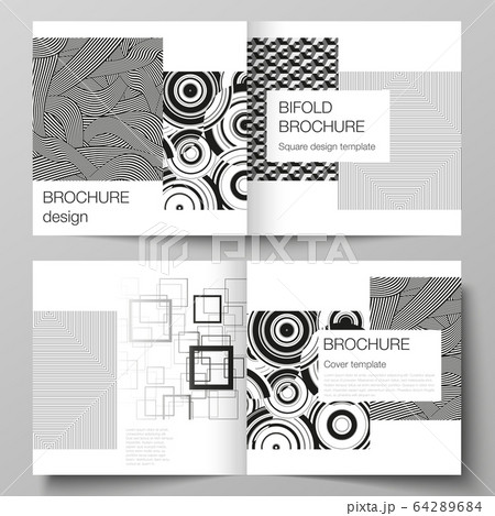 The vector layout of two covers templates for square design bifold brochure, magazine, flyer, booklet. Trendy geometric abstract background in minimalistic flat style with dynamic composition. 64289684